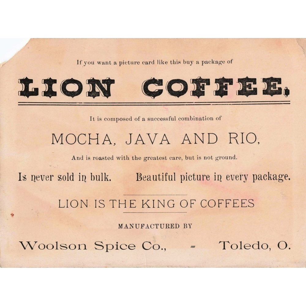 Antique Victorian Trade Card Lion Coffee Woolson Spice Co Rose Flute - Picture 2 of 2